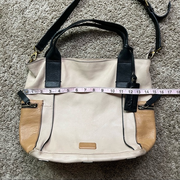Fossil Emerson Color Block Side Pocket Satchel Tote Purse Leather Tan Black - Picture 9 of 10
